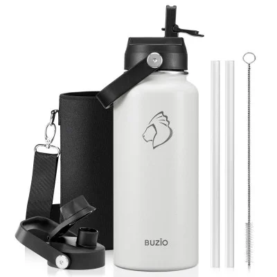 Buzio Duet Series Water Bottle with 2 Lids and Sleeve 1L - White